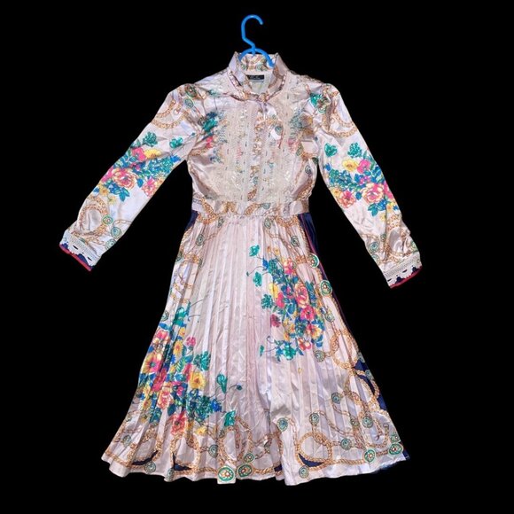 Dalia MacPhee Multicolor Pleated Floral & Chain Print Dress Fully Lined Small - Picture 1 of 10